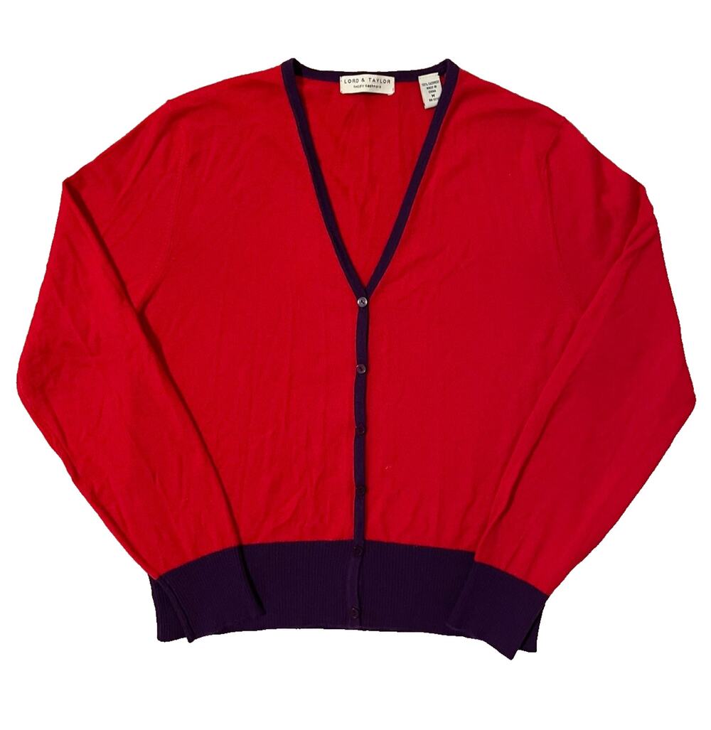 Lord & Taylor 100% Cashmere Two Ply Cardigan Sweater Size M V-Neck Womens Red